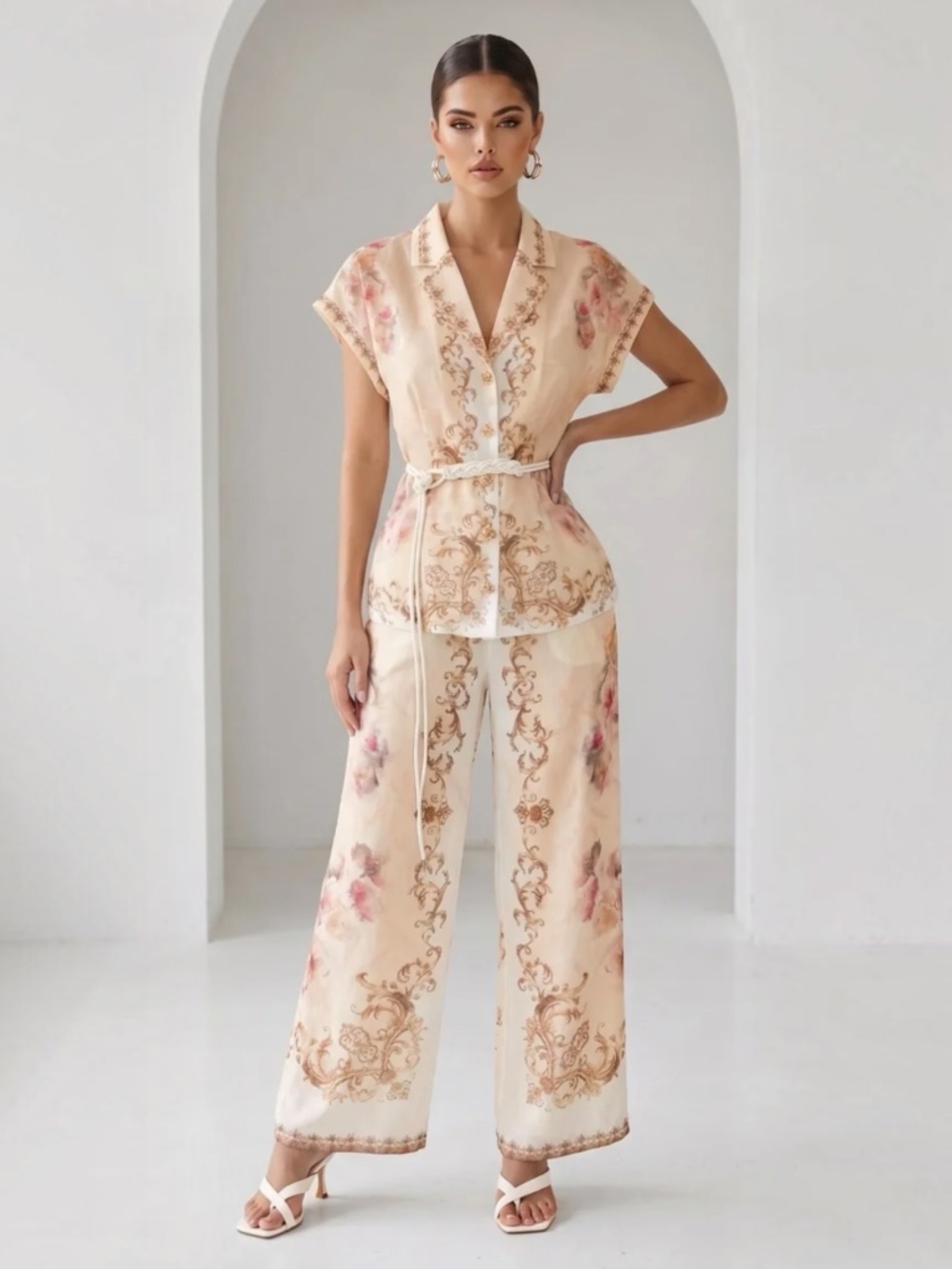 Baroque Floral Pantsuit Set in Apricot Multi in Sm Med Lg